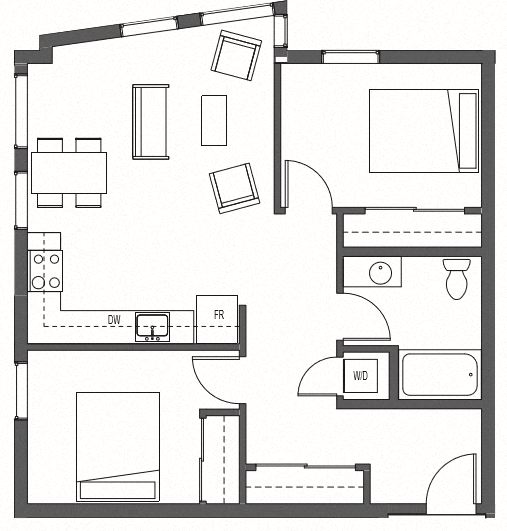 Floor plan for 2 beds, 1 bath, 819 sqft